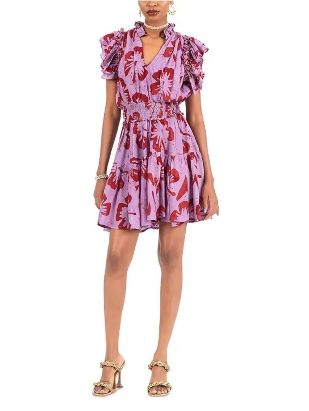 BUSAYO Purple Red Abstract Floral Ruffle Mini Dress Smocked Waist Viscose NWT M